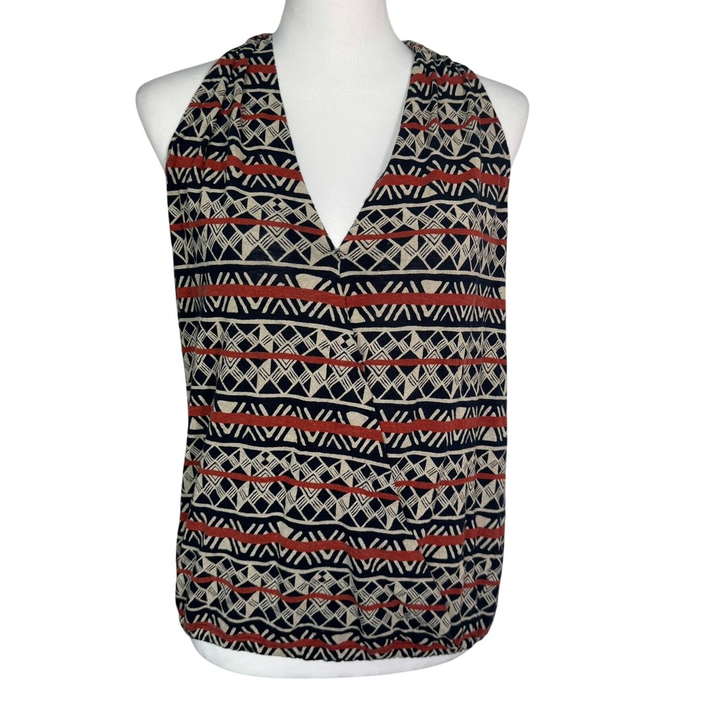 LUCKY BRAND Womens Small Linen Geometric Print V-Neck Sleeveless Top Blouse Boho